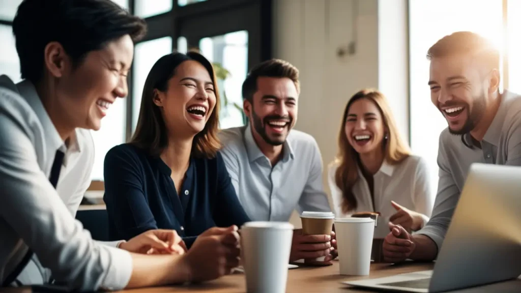 Grupo de 5 pessoas trabalhando felizes com inteligência emocional no trabalho